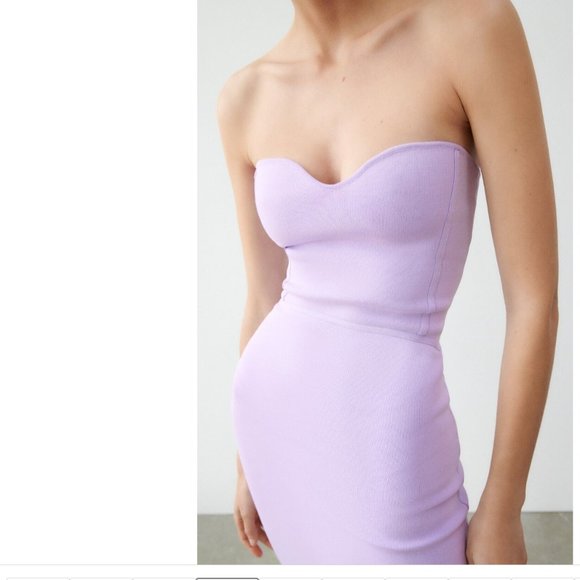 ZARA LILAC LAVENDER CORSET TUBE STRAPLESS SWEETHEART KNIT BANDAGE MIDI DRESS - Picture 16 of 16